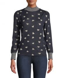 Rebecca Taylor Mock-Neck Heart-Jacquard Pullover Sweater w  Striped Neck  amp  Cuffs at Neiman Marcus