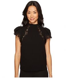 Rebecca Taylor Short Sleeve Crepe Lace Top at Zappos