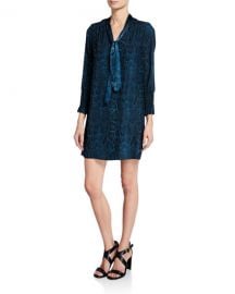 Rebecca Taylor Snake-Print Tie-Neck Long-Sleeve Silk Dress at Neiman Marcus