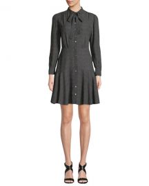 Rebecca Taylor Tie-Neck Button-Front Long-Sleeve Sprinkle-Dot Silk Dress at Neiman Marcus