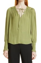 Rebecca Taylor Tie Neck Sateen Blouse in Avocado at Nordstrom