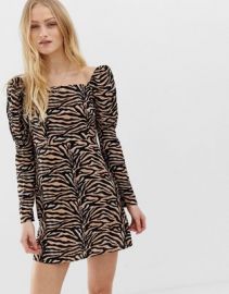 Reclaimed Vintage inspired mini dress with shoulder puff in tiger Print   ASOS at Asos