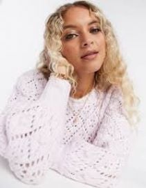 Reclaimed Vintage inspired sweater in pointelle and bobble stitch with volume sleeve in lilac at ASOS