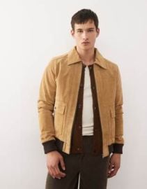 Reclaimed Vintage premium real suede bomber jacket in tan with contrast binding at ASOS