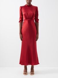 Red Adele hammered-silk maxi dress Saloni FASHION US at Matches