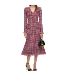 Red Check Frayed Knit Midi Dress at Senser