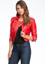 Red Leatherette Moto Jacket at Bebe