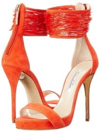 Red Sandra Feathered Ankle Cuff Sandals by Oscar de la Renta at Oscar de la Renta