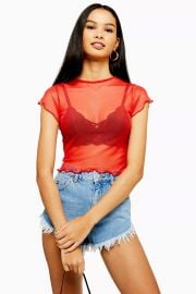 Red Short Sleeve Lettuce Mesh Top at Topshop