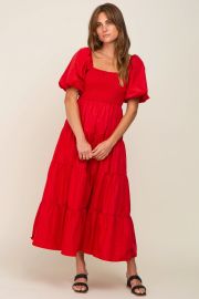 Red Square Neck Smocked Puff Short Sleeve Tiered Midi Dress PinkBlush at PinkBlush