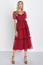 Red Swiss Dot Dress - Mesh Puff Sleeve - Tiered Midi Dress - Lulus at Lulus