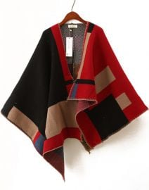 Red and Black Asymmetric Wool Blend Cape at She In