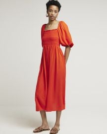 Red puff sleeve smock midi dress River Island at River Island