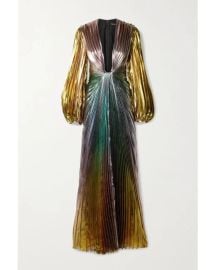 Reem Acra Metallic Pleated Silk blend Lam Gown at Net a Porter