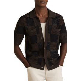 Reiss Alfred Open Knit Short Sleeve Button-Up Shirt in Chocolate/Navy at Nordstrom Rack at Nordstrom Rack