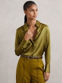 Reiss Ameira Silk Satin Button Up Shirt in Light Green at Reiss