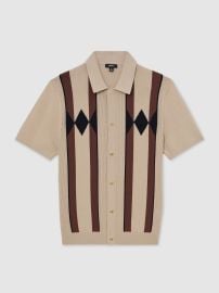 Reiss Argyle-Knit Press-Stud Polo Shirt in Camel Brown REISS at Reiss