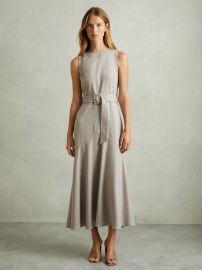 Reiss Belted Flared Midi Dress in Grey REISS at Reiss