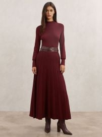 Reiss Belted Knit Pleated Midi Dress in Raspberry Red REISS at Reiss