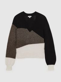 Reiss Black/White/Metallic Harley Metallic-Knit Panelled V-Neck Jumper at Next