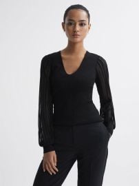 Reiss Brooklyn Sheer Sleeve V-Neck Top REISS USA at Reiss