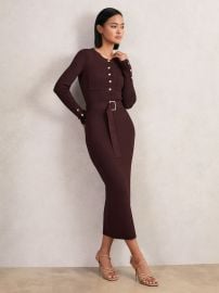 Reiss Buttoned Rib-Knit Midi Dress in Burgundy REISS at Reiss