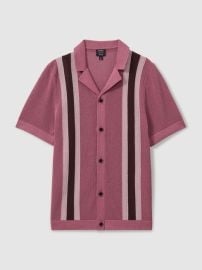 Reiss Ch233 Knitted Contrast Stripe Cuban Collar Shirt in Pink Multi REISS USA at Reiss