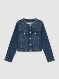 Reiss Collarless Cropped Jacket in Mid Blue REISS at Reiss