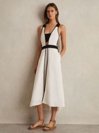 Reiss Contrast Trim Flared Midi Dress With Linen in IvoryBlack REISS at Reiss