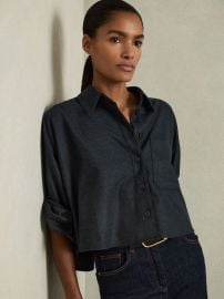 Reiss Cropped Flannel Shirt in Navy REISS at Reiss