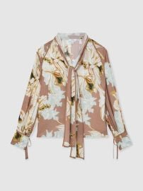 Reiss Floral-Print Tie-Neck Blouse in PinkIvory REISS at Reiss