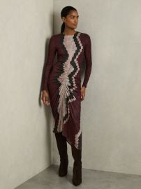 Reiss Jersey Ruched Printed Dress With Wool in Burgundy REISS at Reiss