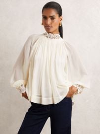 Reiss Lace-Trim Draped Chiffon Top in Cream REISS at Reiss