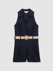 Reiss Linen Belted Collar Playsuit in Navy REISS at Reiss