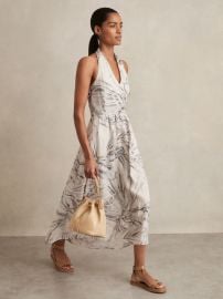 Reiss Linen Palm Print Halterneck Midi Dress in Neutral REISS at Reiss