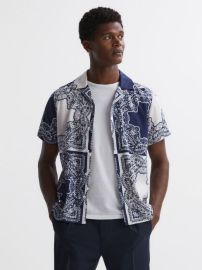 Reiss Loxley Printed Cuban Collar Button Through T-Shirt REISS USA at Reiss