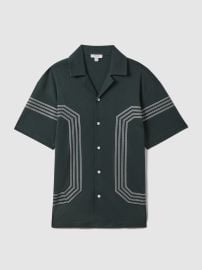 Reiss Mercerised Cotton Embroidered Cuban Collar Shirt in Emerald REISS at Reiss