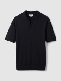 Reiss Merino Wool Open Collar Polo Shirt in Navy REISS at Reiss