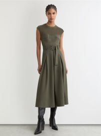 Reiss Mesh-Panel Belted Pleated Midi Dress in Khaki Green REISS at Reiss