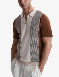 Reiss Milton Striped Zipped Collar Polo Shirt in Tobacco Cream at Selfridges