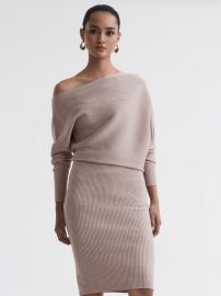 Reiss Off-The-Shoulder Ribbed Midi Dress in Neutral REISS at Reiss