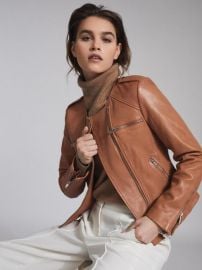 Reiss Ossie Leather Collarless Biker Jacket REISS USA at Reiss