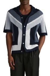 Reiss Panko Geo Pattern Short Sleeve Camp Collar Cardigan at Nordstrom