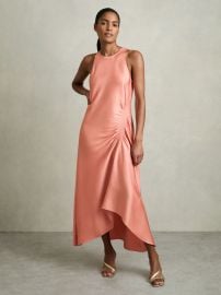 Reiss Petite Satin Shirred Midi Dress in Coral REISS at Reiss