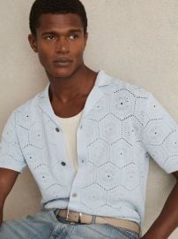 Reiss Pointelle Button-Through Shirt in Soft Blue REISS at Reiss