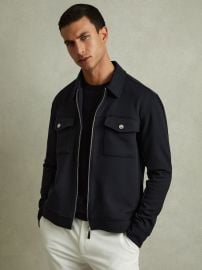 Reiss Premium Interlock Zip-Through Overshirt in Navy Blue REISS at Reiss