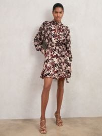 Reiss Printed Tie-Waist Flippy Mini Dress in BurgundyCream REISS at Reiss