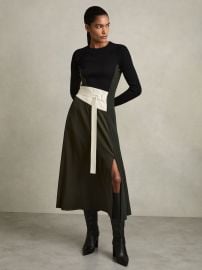 Reiss Rib-Knit Panelled Belted Midi Dress in KhakiBlack REISS at Reiss