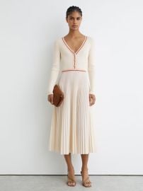 Reiss Rib-Knit Stripe-Trim Pleated Midi Dress in Pale Yellow REISS at Reiss