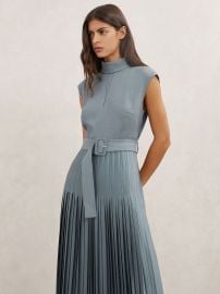 Reiss Roll-Neck Belted Pleated Midi Dress in Blue REISS at Reiss
